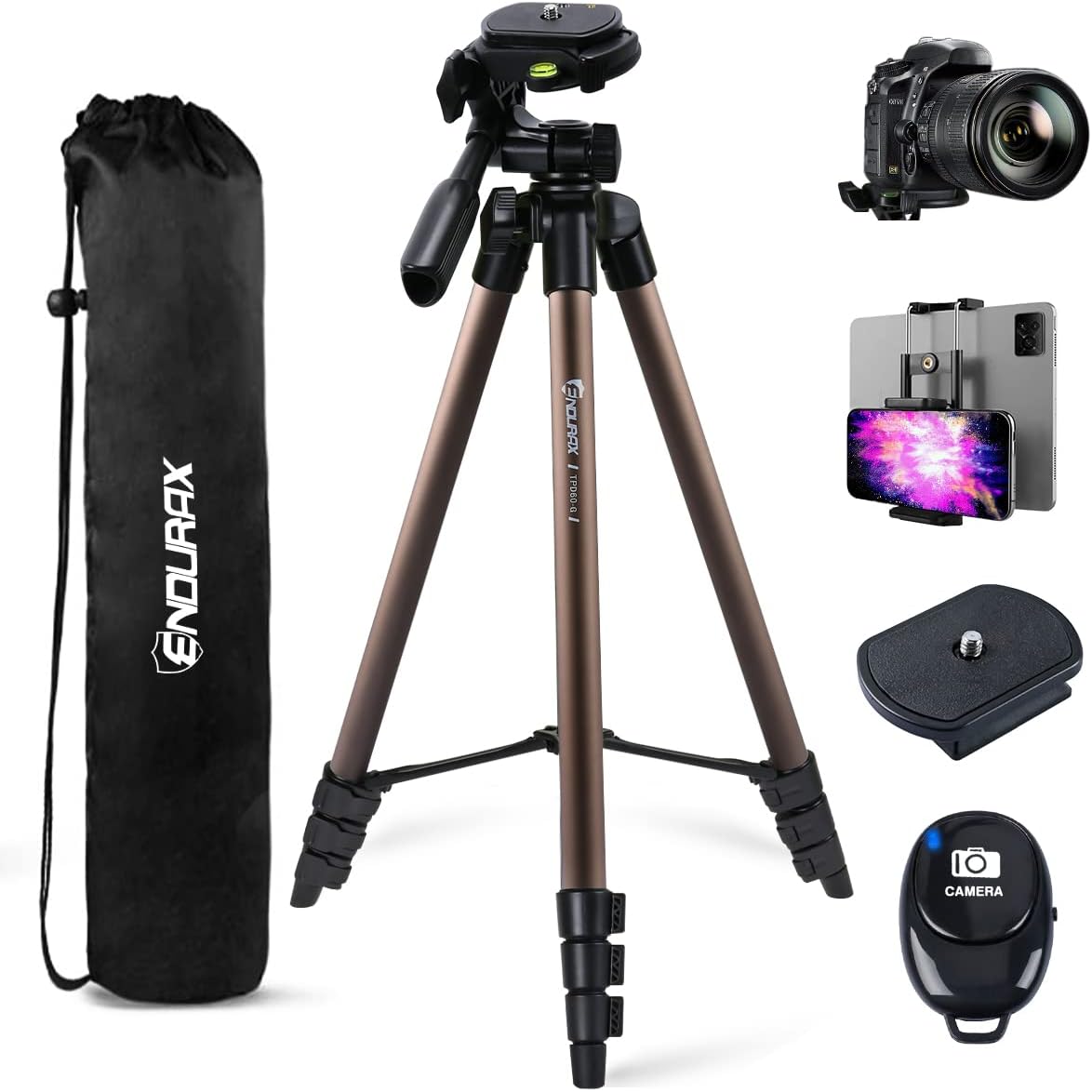 Endurax 60'' Tripod for Camera Canon Nikon DSLR, Camera Phone Tripod with Universal Holder, Carry Bag, Max. Load 6.6 lbs
