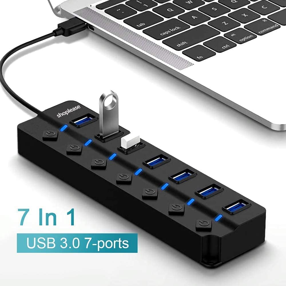7-Port USB 3.0 Hub with Individual Power Switches and Lights, High-Speed Data Hub Splitter Portable USB Extension Hub with 120 cm Cable for PC Laptop and Others