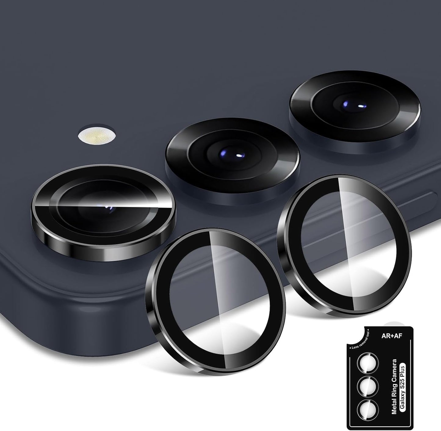 for Samsung Galaxy S25 Plus Camera Lens Protector, Individual Metal Ring Tempered Glass Lens Cover, [Strong Adsorption] Scratch Resistant Ultra-Thin HD Clear Lens Cover, 1 Set-Black Ring