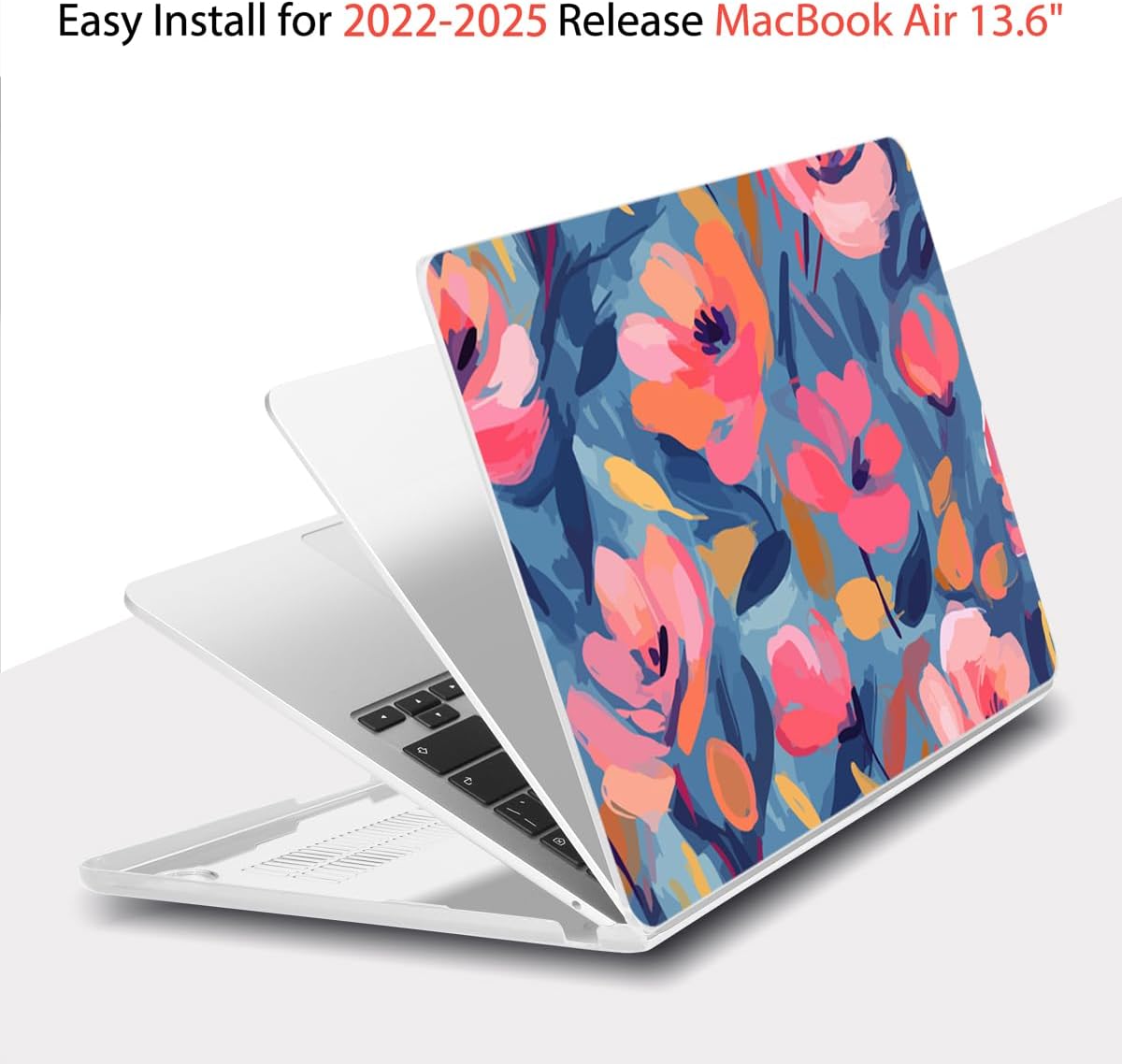 Teryeefi Compatible for 2022-2024 2025 MacBook Air 13.6 inch Case M4 A3240 / M3 A3113/ M2 A2681, Flowers Hard Shell Case&Keyboard Cover&Type C Adapter for MacBook Air M4 M3 M2, W-Abstract Pink Flower