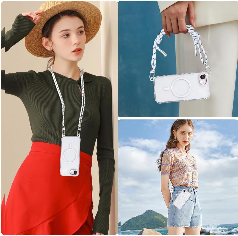 for iPhone 16e Case with Adjustable Phone Lanyard Strap, Compatible with MagSafe, Shockproof Military-Grade Protection, Magnetic Phone Case, Classic Clear White Hybrid Case, Yellowing Resistant