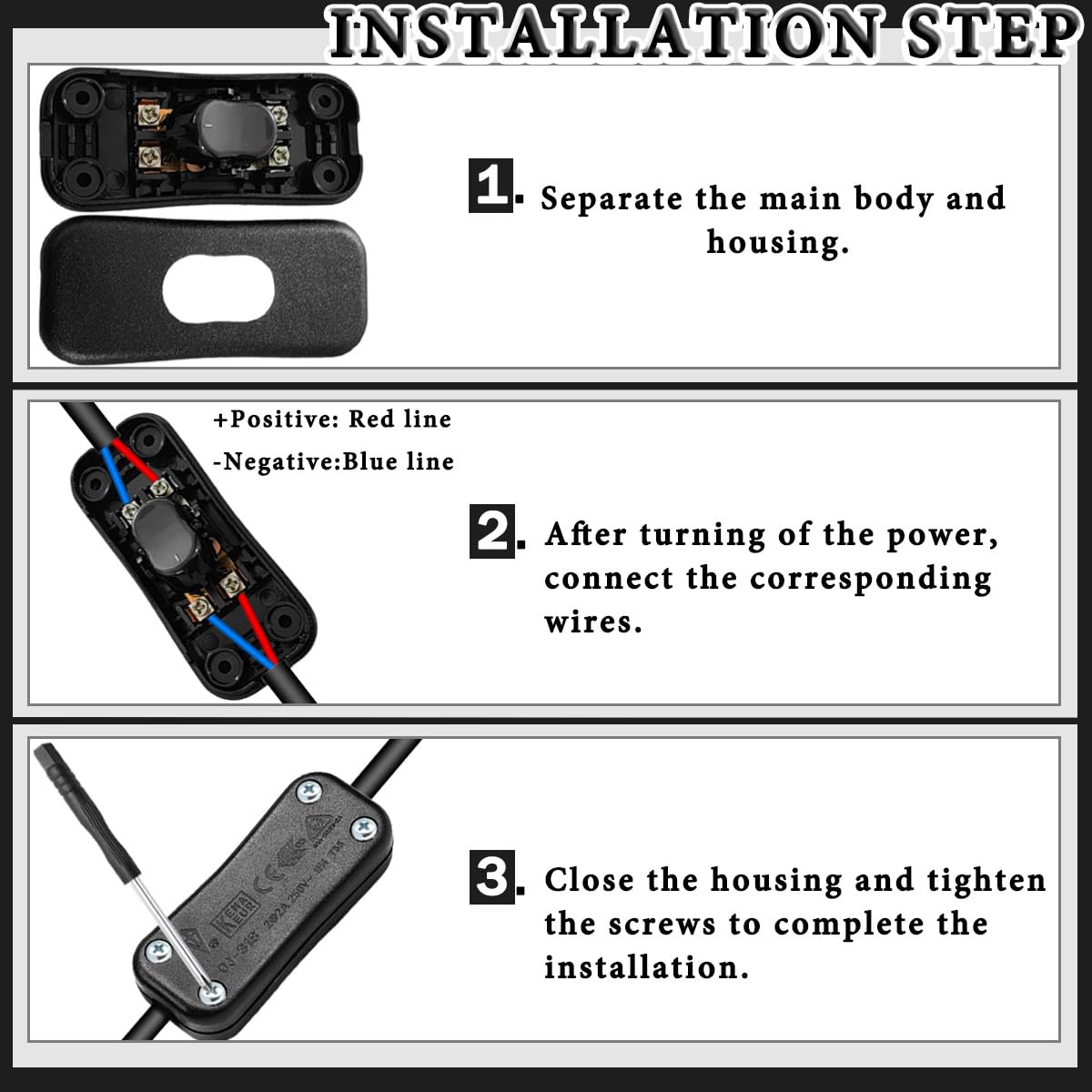 6PCS Inline Cord Switch AC 250V 2A Appliance Switch Replacement Button Control Rocker ON Off DPST with Cross Screwdriver Screw, for Bedroom Table Lamp Desk LED Lights OJ-318 Black