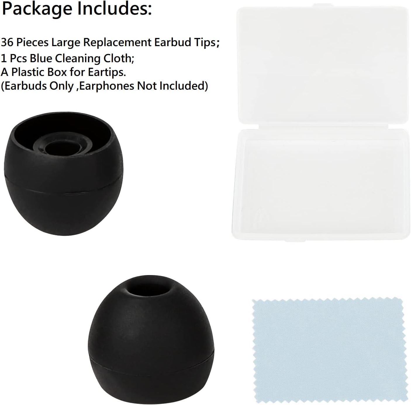 36 Pieces Large Earbud Tips Soft and Comfortable Silicone Earbud Tips Ear Bud Replacement Pieces Silicone Fit Most in-Ear Headphones，Inner Hole 3.8mm -5.5mm，Large Black Earbuds Silicone Tips