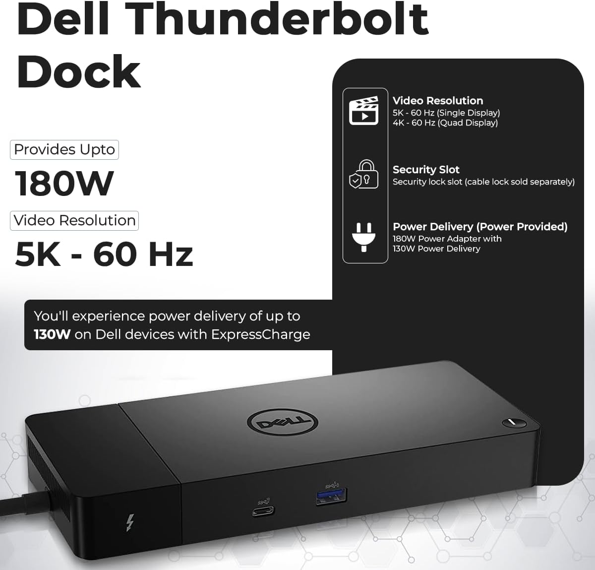 WD22TB4 Dell Docking Station Thunderbolt 4 Dock, 180W AC Adapter, HDMI Cable, DisplayPort Cable, USB-C Cable, Dell Docking Station (Renewed)