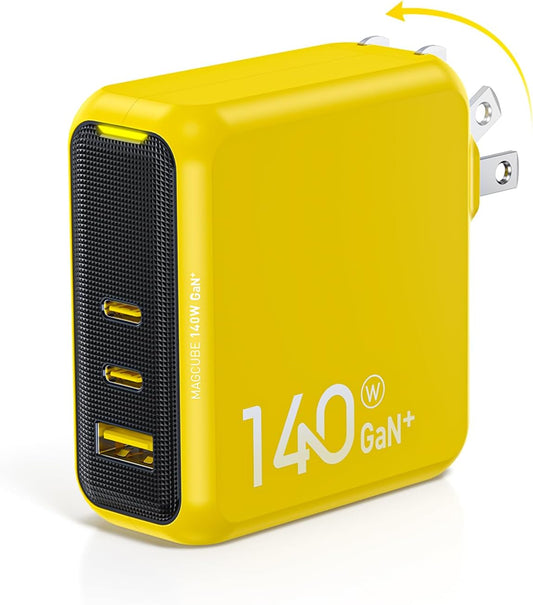 AOHI Magcube 140W USB C Charger PD3.1 3-Port GaN+ Laptop Wall Charger 100W Fast Charging Power Adapter Foldable Plug for MacBook Pro 16'', Dell XPS, iPad Pro, Galaxy, iPhone 15 Pro, Chromebook, Yellow