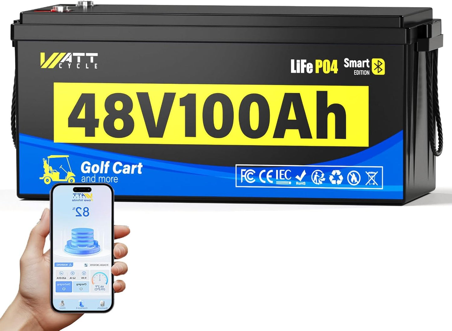 48 Volt Golf Cart Batterys 200A BMS, 48V 100Ah LiFePO4 Lithium Battery with Bluetooth & LCD Display, 15000 deep Cycles, Range of 60 Miles 600A Peak Current for Golf Cart Marine RV