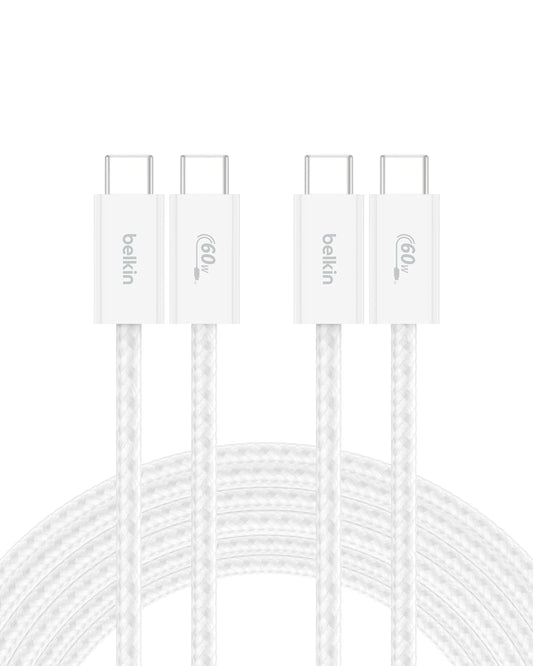 Belkin USB C to USB C Cable 2-Pack, 9.9ft, 60W - Type C Charger, iPhone Charger Cord, Soft, Braided, Flexible for iPhone 16, Galaxy S25, Pixel 9, Airpods, iPad Pro & More, Travel Essentials - White