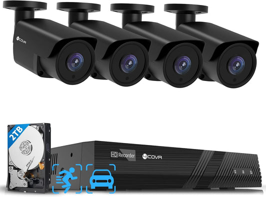 4COVR 4K PoE Security Camera System, 8CH 8MP H.265 UHD NVR with 2TB HDD, 4Pcs 8MP Wired Bullet IP Camera with Audio, IP67 Home Weatherproof, Person Vehicle Detection & Night Vision, LY37EB8M0804