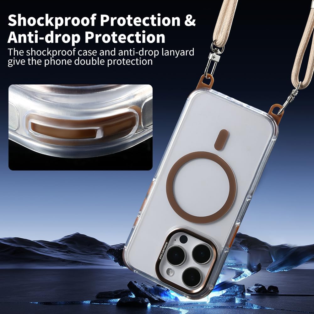 for iPhone 15 Pro Max Case with 62.99 inch Lanyard, Compatible with MagSafe, Shockproof Military-Grade Protection, Yellowing Resistant, Adjustable Strap Magnetic Cover, Classic Clear&Brown