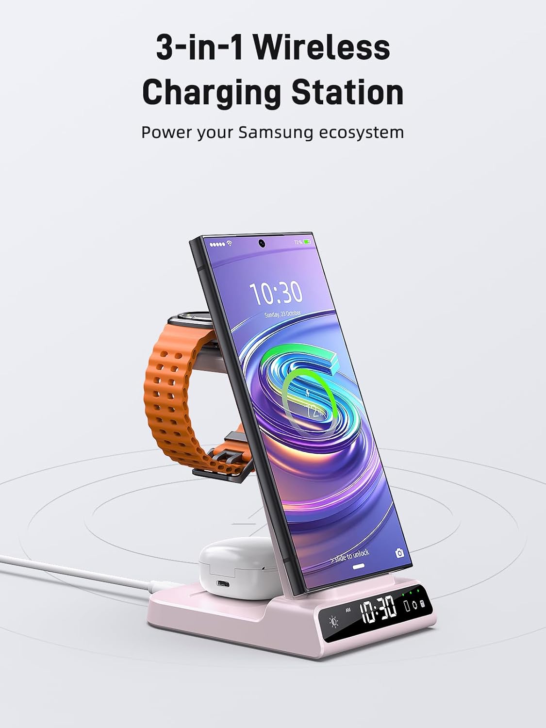 Wireless Charger for Samsung Charging Station, 3 in 1 Android Phone Charger for Samsung Galaxy S25 Ultra/S24 Ultra/S23/Z Fold7/Flip7, Galaxy Watch 8/8 Classic/Ultra/7/6/5, Galaxy Buds 3 Pro/3(Pink)