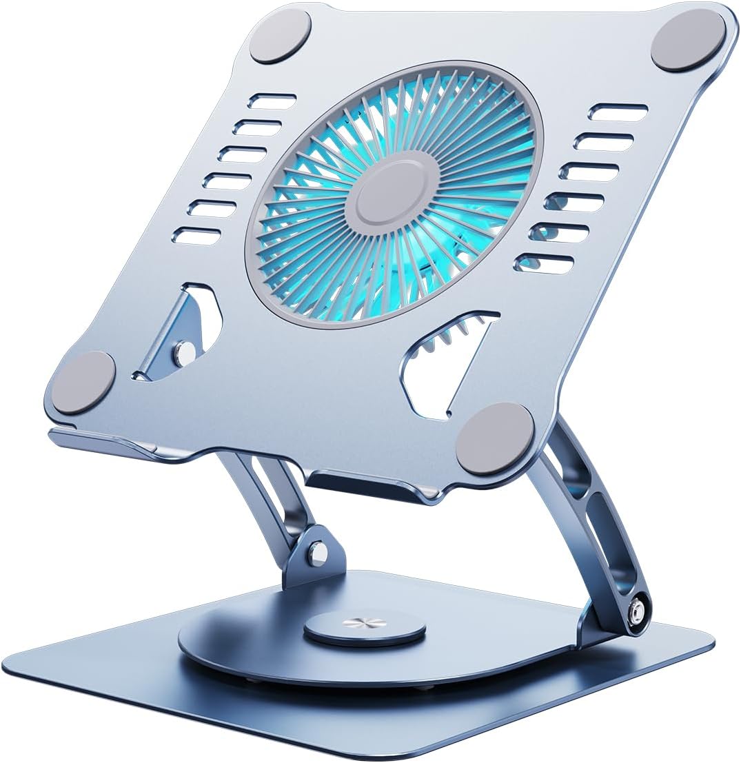 SHUWEI 360° Rotating Laptop Cooling Stand with 3 Speed Fan, Adjustable Height Laptop Stand for Desk, Ergonimic Aluminum Laptop Cooling Pad for 10-15'' Notebook - Bule-Gray