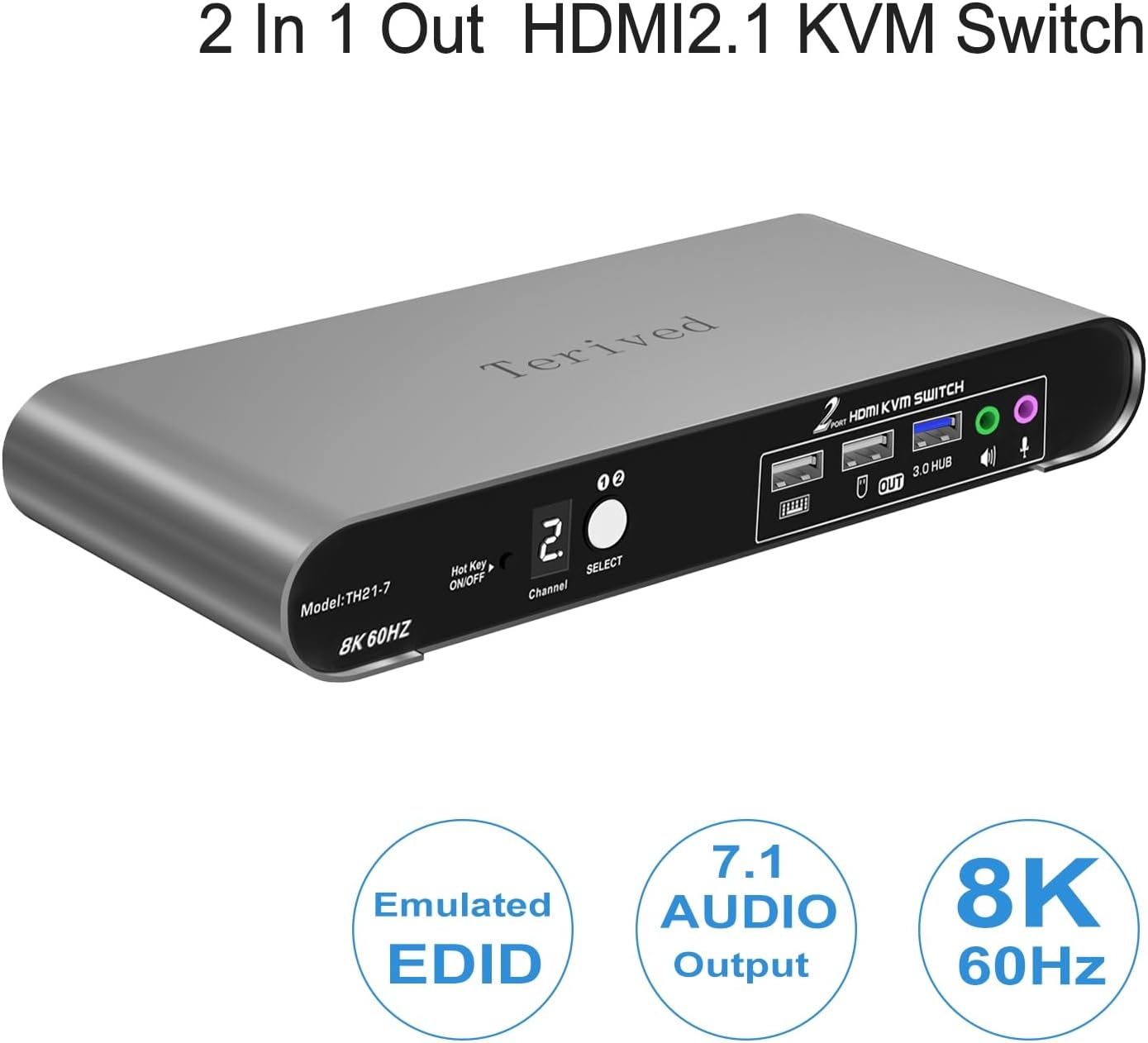 2 Computers 1 HDMI Monitor Automatic KVM Switch 8K@60Hz, Hotkey Switching, EDID, Support 5.1/7.1 Audio and Microphone, Aluminum Shell with Digital Display, USB 3.0 Hub, HDR10 with Cables