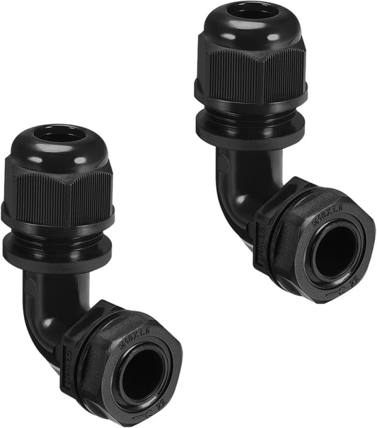 LeMotech M16 Cable Gland, 90 Degree Adjustable 6-10mm Strain Relief, Cord Connectors Nylon Joints with Gaskets, 2 Pcs, Black