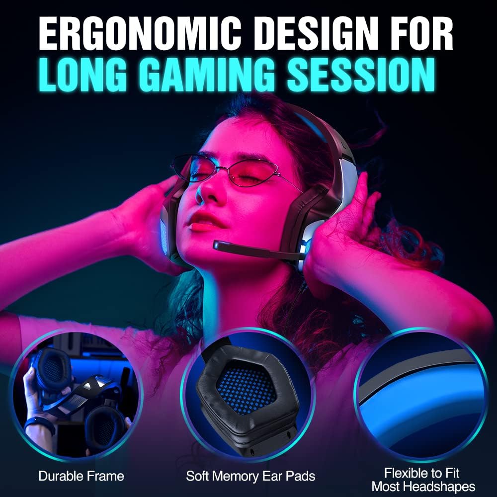 BENGOO V-4 Gaming Headset for Xbox Series X|S, Xbox One, PS5, PC, Mac, Nintendo Switch, Noise Cancelling Over Ear Headphones with Mic, LED Light, 7.1 Surround Sound, Soft Memory Earmuffs, 3.5mm