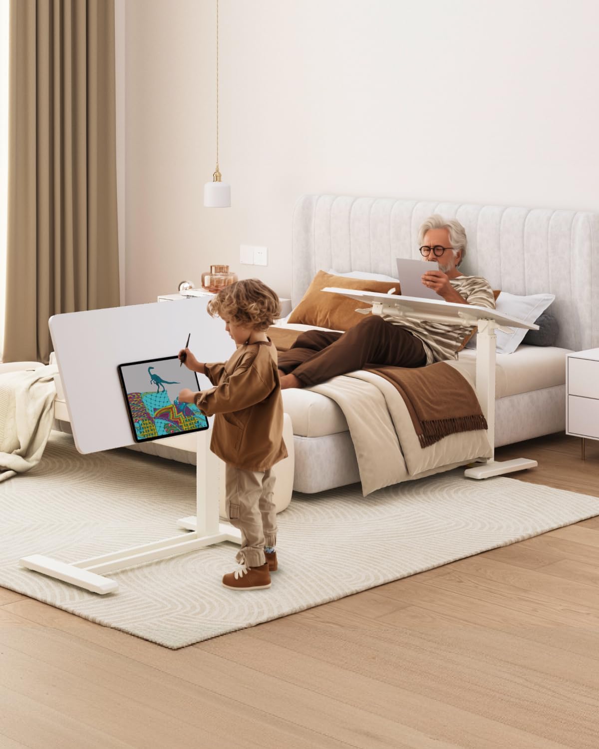 FLEXISPOT H7 PRO Mobile Standing Desk Adjustable Overbed Table Pneumatic with Wheels 90°Tiltable Portable Laptop Desk Rolling Computer Cart Foldable Bedside Table(27.6" W x 15.7" D, White)