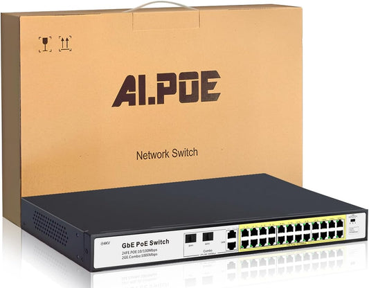STEAMEMO 28 Port PoE Switch, 24 PoE+ Port@ 360W, 2 Gigabit Uplink, 2*1G SFP, 802.3af/at, Metal Casing 19-inch Rackmount, Overload Protection w/ Port, Unmanaged Plug and Play