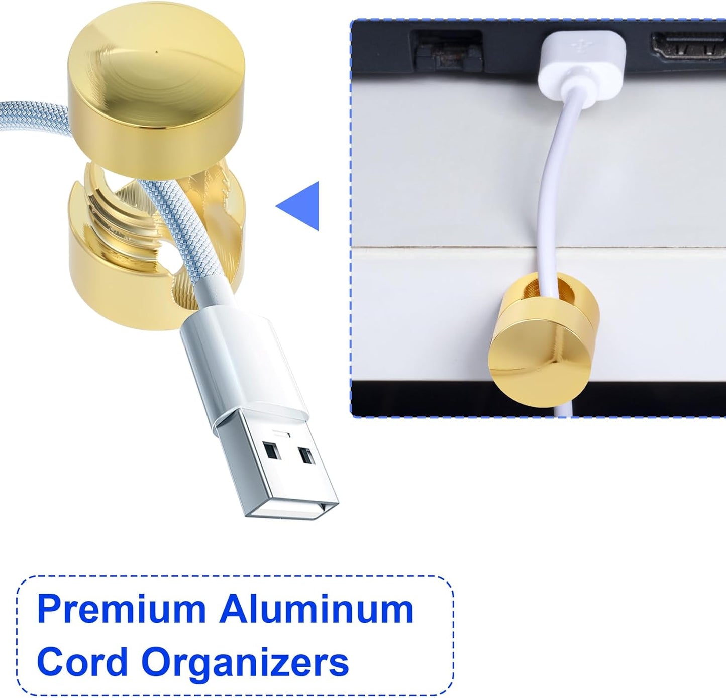 6 Sets Charger Holders for Cords, Gold Adjustable Cable Anchor Holders, Adhesive Metal Cord Clips, Cable Management Wire Organizers for Desk, Office, Nightstand