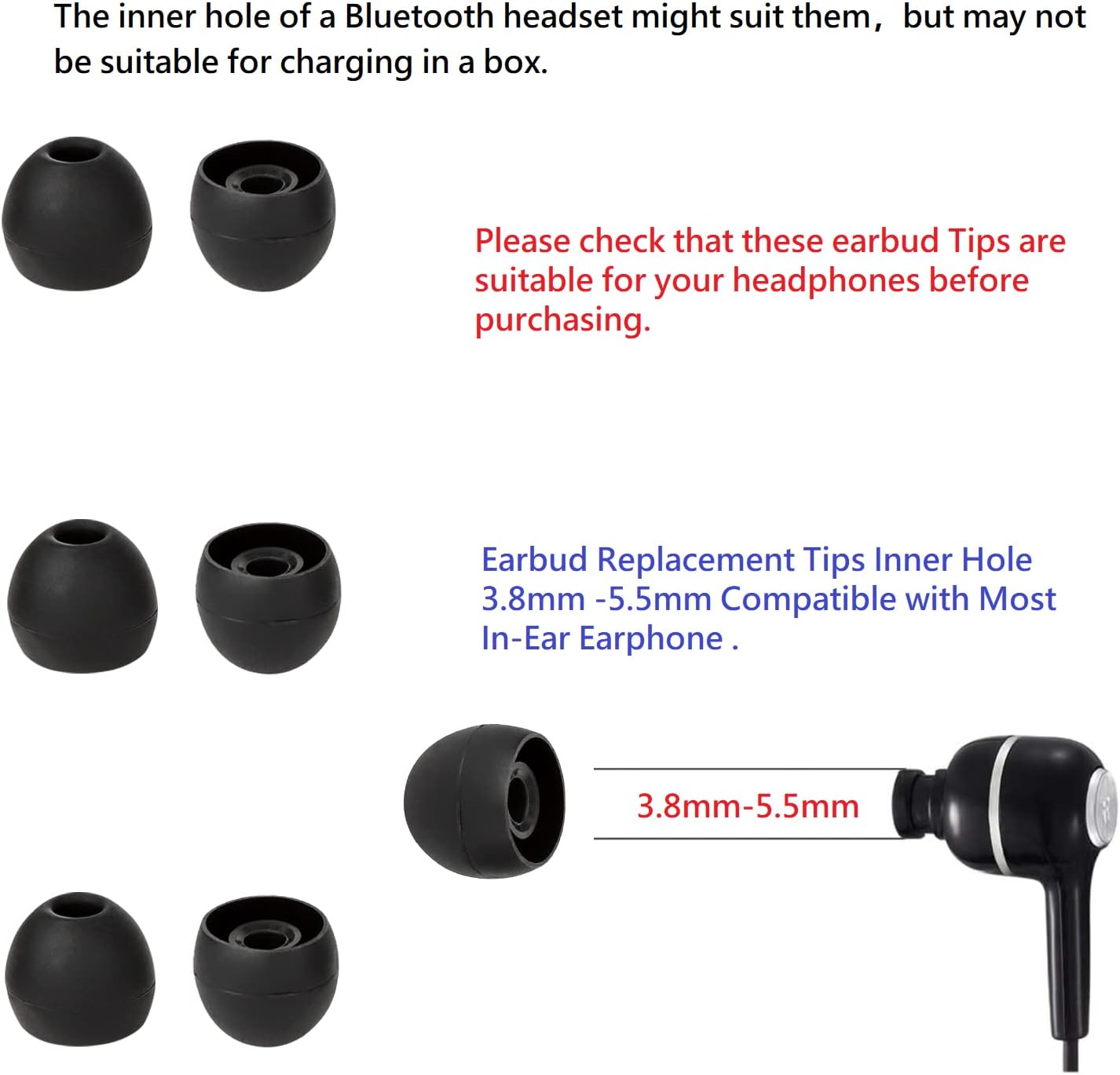 36 Pieces Medium Earbud Tips Soft and Comfortable Ear Bud Replacement Pieces Silicone Fit Most in-Ear Headphones，Inner Hole 3.8mm -5.5mm，Medium Black Earbud Replacement Tips