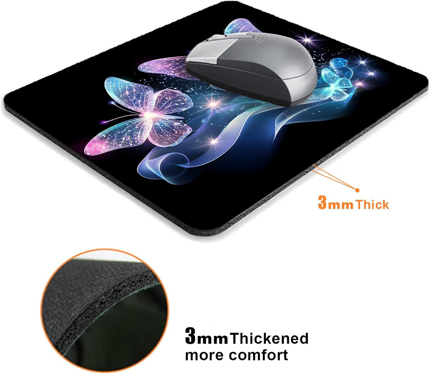Blue Glitter Butterfly Mouse Pads for Desk, Portable Wireless Computer Mouse pad Small Design with Women, Non-Slip Rubber Base Laptop Mousepad 9.5" x 7.9" Smooth Surface for Office & Travel