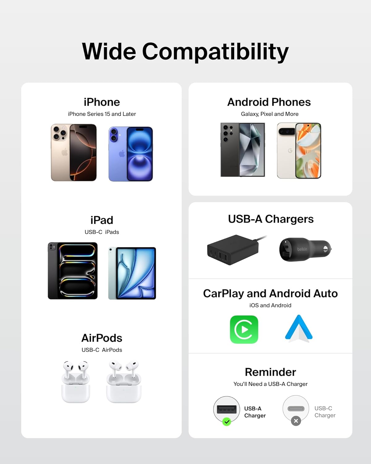 Belkin USB A to USB C Cable, 9.9ft, 15W - Type C Charger, iPhone Charger Cord, Soft, Braided, Flexible for iPhone 16 & 15, Galaxy S25, Pixel 9, iPad Pro, Airpods Pro, Switch & More - White