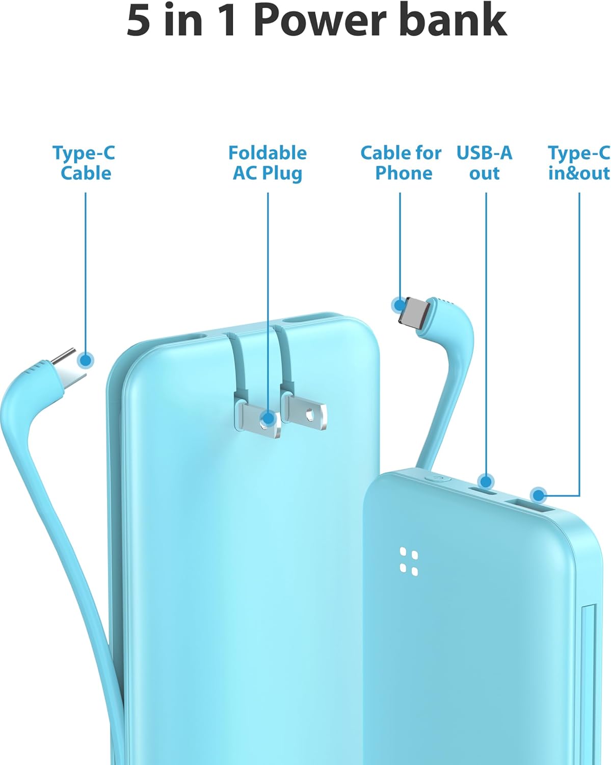 Alongza Portable Charger Built-in Cables and AC Wall Plug, Slim Fast Charging Power Bank 10000mAh, Lightweight USB C External Battery Pack Compact Travel Cell Phone Charger