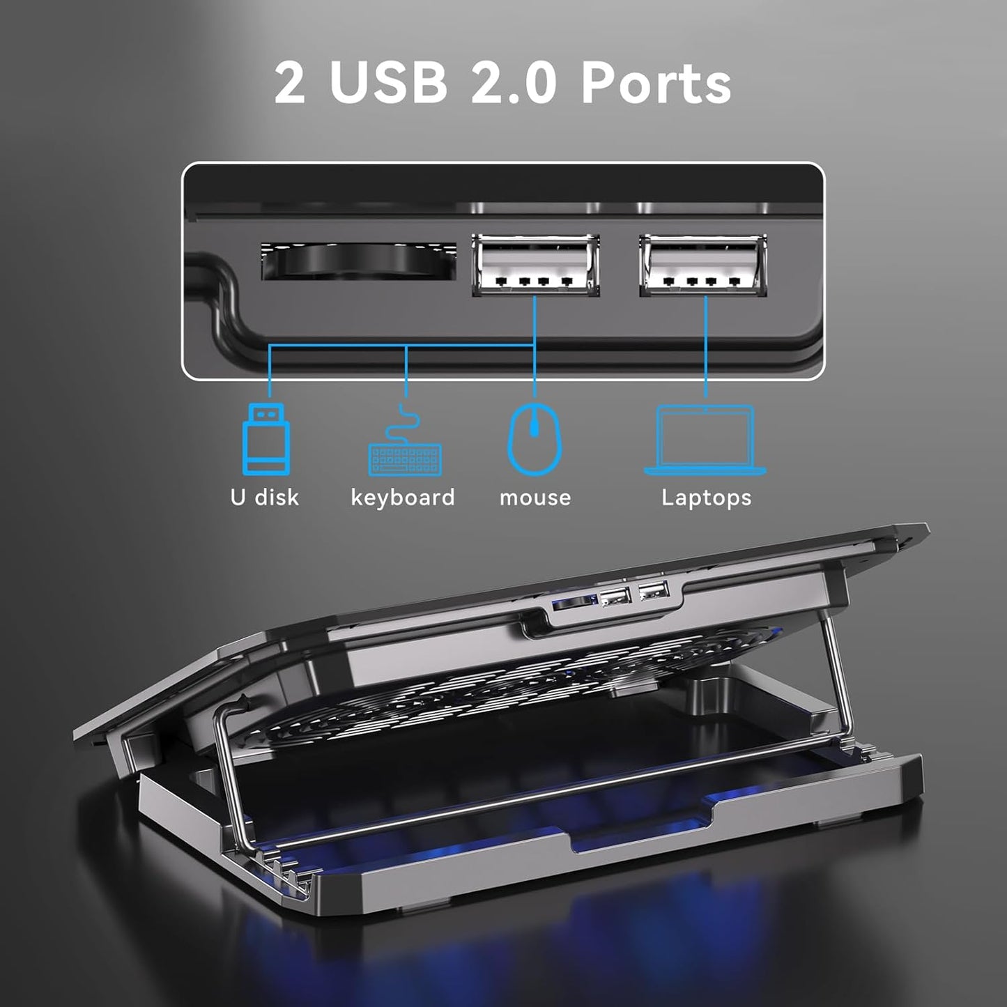 Ultra Slim Laptop Cooling Pad for 10-15.6 Inch Laptops, Portable Notebook Cooler with 2 Quiet Big Fans, Gaming Laptop Fan Wind Speed Adjustable, 5 Heights Adjustment, 2 USB Port