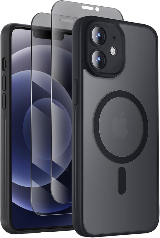 Designed for iPhone 12 Case, Compatible with MagSafe, with Privacy Screen Protectors X2, [Camera Protection] [15FT Military Drop Protection] Shockproof Phone Case, 6.1", Black
