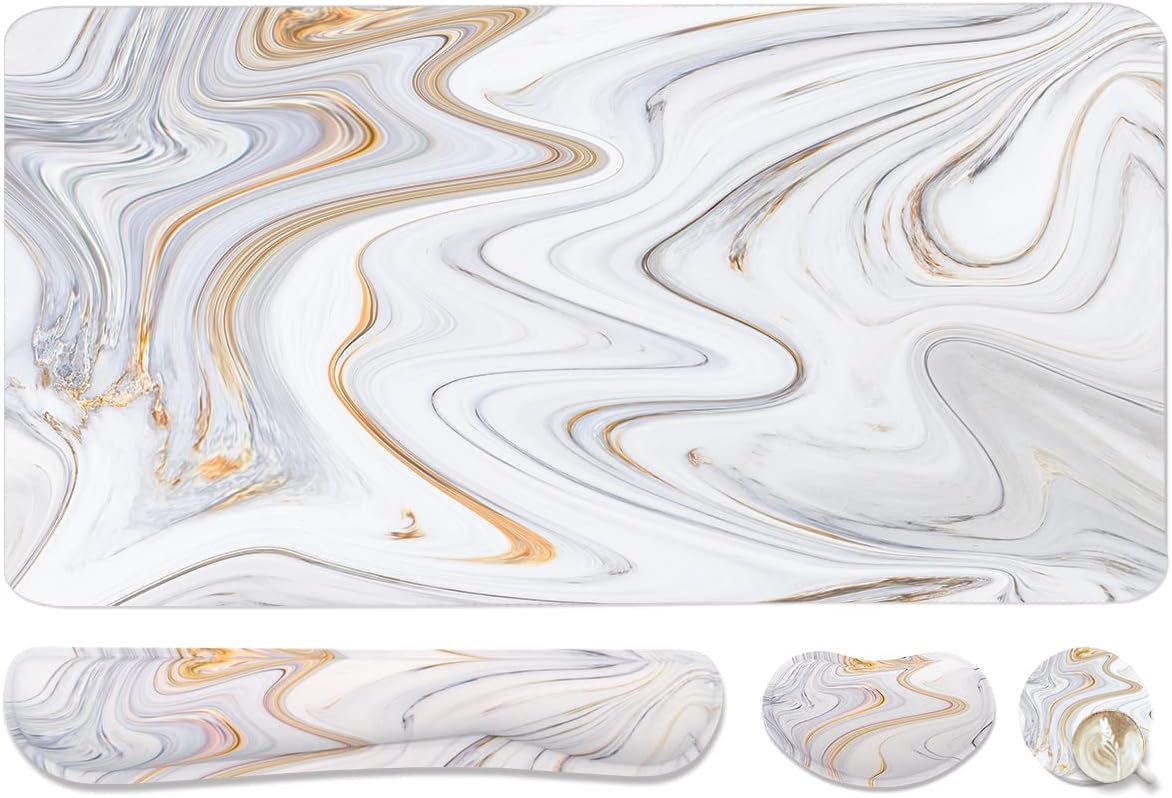 4-in-1 Large Gaming Mouse Pad, Keyboard Wrist Rest Pad & Wrist Support Mousepad Set, Extended Desk Pad Waterproof Desk Mat for Home Office Study Game - White Marble