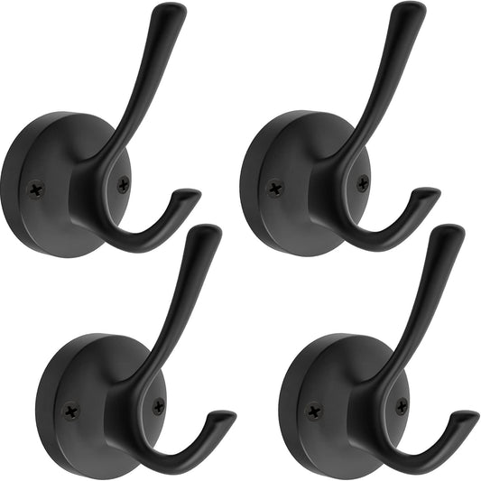 4 Packs Black Coat Hooks, Decorative Double Prong Metal Closet Hooks for Hanging Towels, Robes in Bathrooms, Kitchen