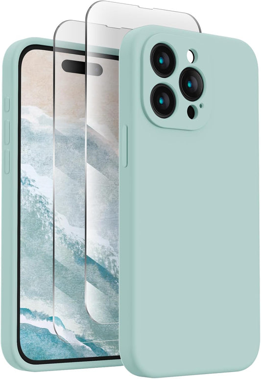 FireNova Designed for iPhone 15 Pro Max Case, Silicone Upgraded [Camera Protection] Phone Case with [2 Screen Protectors], Soft Anti-Scratch Microfiber Lining Inside, 6.7 inch, Mint Green