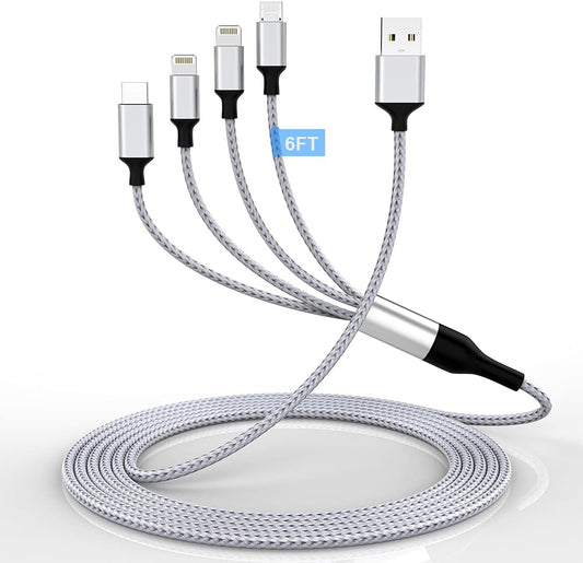 iPhone Charging Cable 1.8M/6Ft Multi 4 in 1 USB Universal Fast Charging Cord Multi Charging Cable Lightningx2+Type C+Micro USB Port Connectors Adapter for Android/Apple/iOS/Samsung/LG/Huawei/XiaoMi
