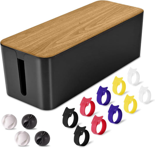 Cable Management Box Large - Wooden Grain Cable Organizer Box to Hide Wires&Power Strips,TV&Desk Computer Wires,with Cable Clips&Reusable Cable Ties for Home&Office(Black)
