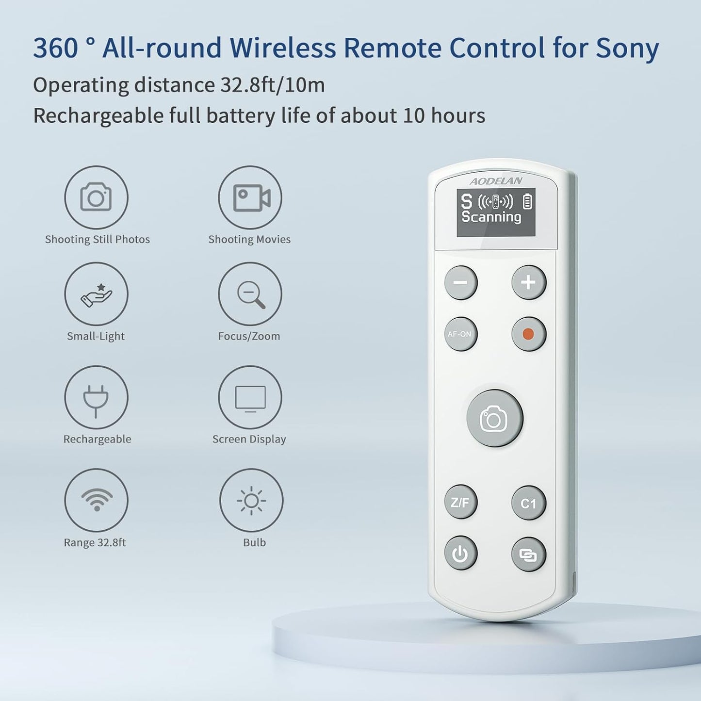 Camera Rechargeable Shutter Release for Sony, AODELAN Wireless Remote Control Zoom Focus Record Compatible with Sony ZV-E10,ZV-1F,ZV-1,A6400,A6700,A7C,A7III,A9,A9 II,DSC-RX0 II,Replace RMT-P1BT(White)