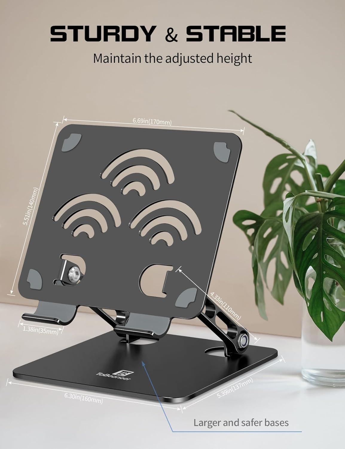 Adjustable Tablet Stand for Desk, Premium Aluminum Holder for iPads, Tablets, Kindles, Switch, Phones, and All Devices up to 14 Inches. Portable and Foldable Black, Plus Size
