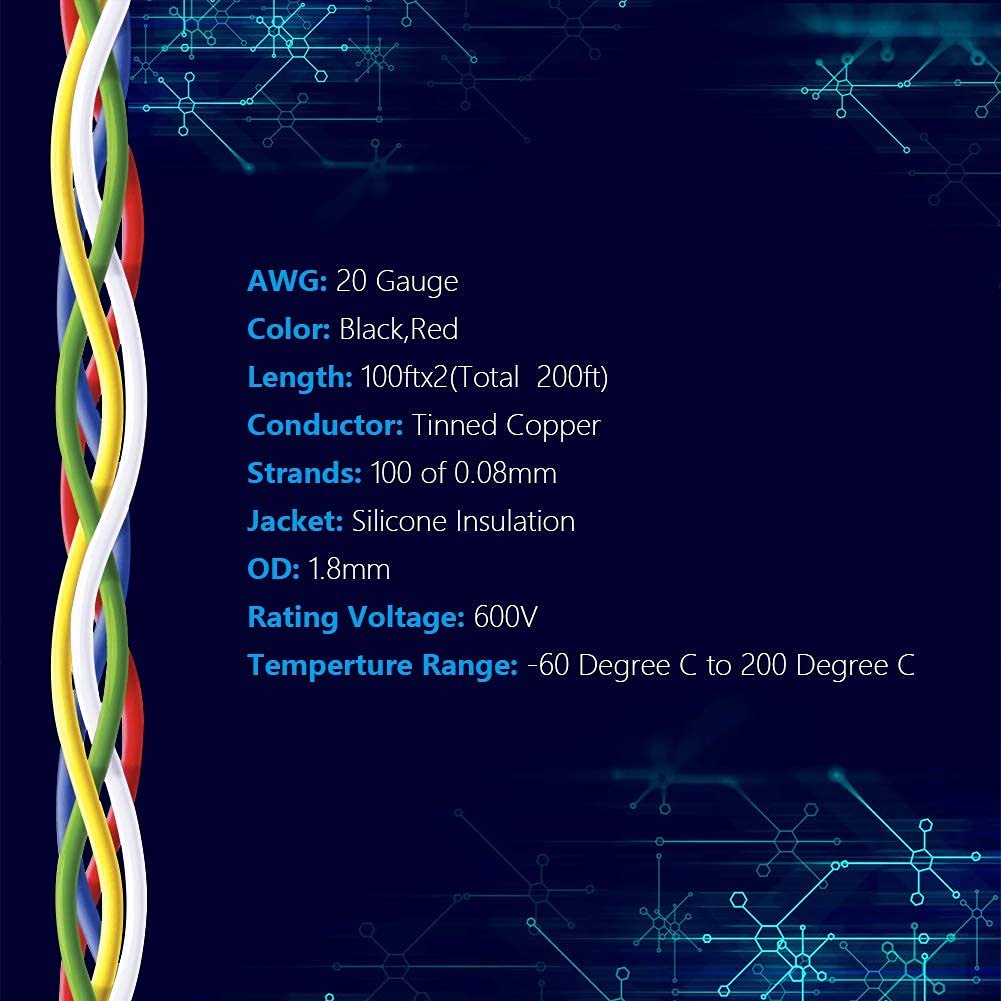 Fermerry 20 AWG Stranded Wire Spool 100ft Each 2 Colors Flexible 20 Gauge Silicone Hook up Wire Kit Electrical Tinned Copper Wire