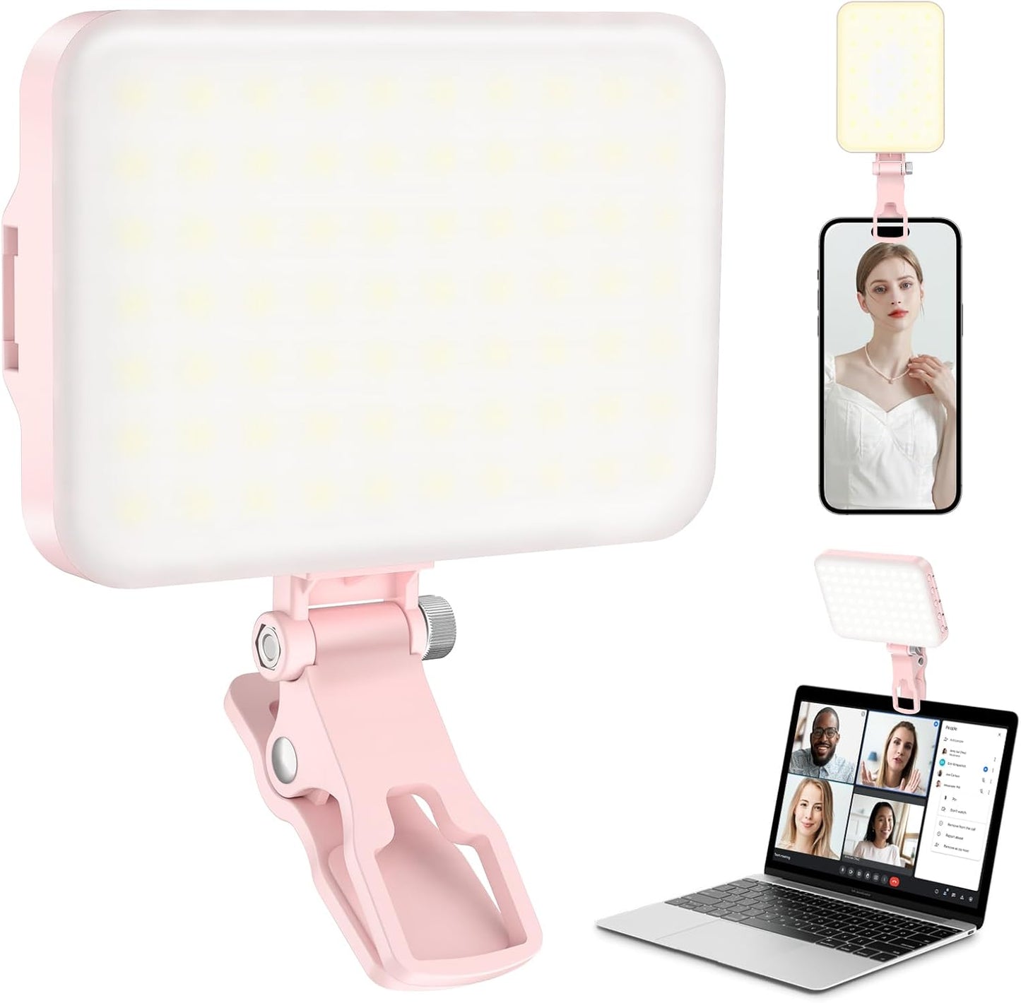 60 LED Portable Selfie Light Video Conference Lighting with Clip & Camera Tripod Adapter Rechargeable 2200mAh CRI 97+, 9 Light Modes for Phone iPhone Webcam Laptop Photo Makeup