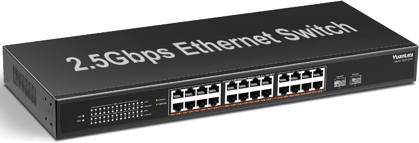 26 Port 2.5G Umanaged Ethernet Switch, 24 x 2.5Gb Base-T Ports, 2 x 10G SFP+, Compatible with 100/1000/2500Mbps, Metal Fanless, Desktop/Rack Mount YuanLey 2.5Gbe Network Switch for Wireless AP, PC