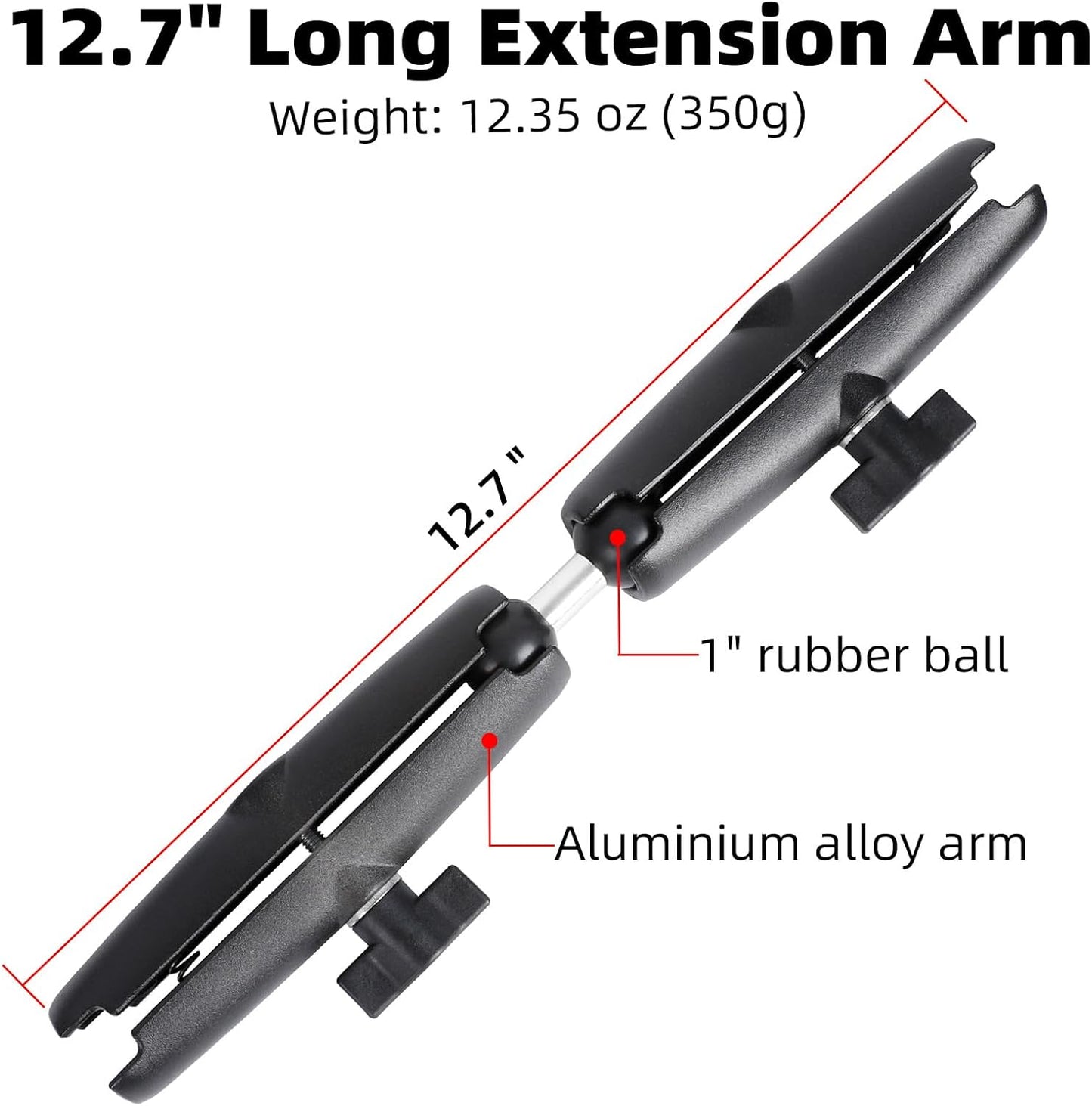 Dual Extension Double Socket Arm with 1" Double Ball Adapter Compatible with RAM B Size Mount and Other 1 inch Industry Standard Device, 360° Rotation Rod for Bike, Truck, Car (12.7" Length)