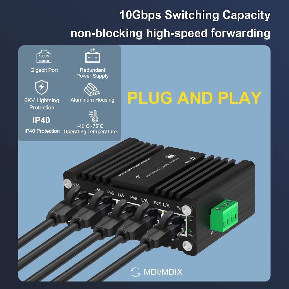 Mini Industrial 4-Port 10/100/1000BASE-T 802.3at PoE + 1-Port 10/100/1000T Ethernet Switch, Din Rail Unmanaged 10/100/1000Mbps Network Switch 30W/Port Max 120W 12-48V DC Thick Shell