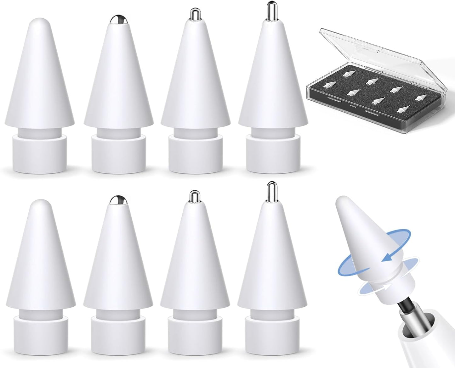 Inesore 8 Pack for Apple Pencil Tips Replacement Accessories,Compatible with Apple Pencil Pro/2nd Generation/1st Generation/USB C,iPencil Nib for iPad Pro/Air/Mini,for Drawing Writing(White Metal Nib)