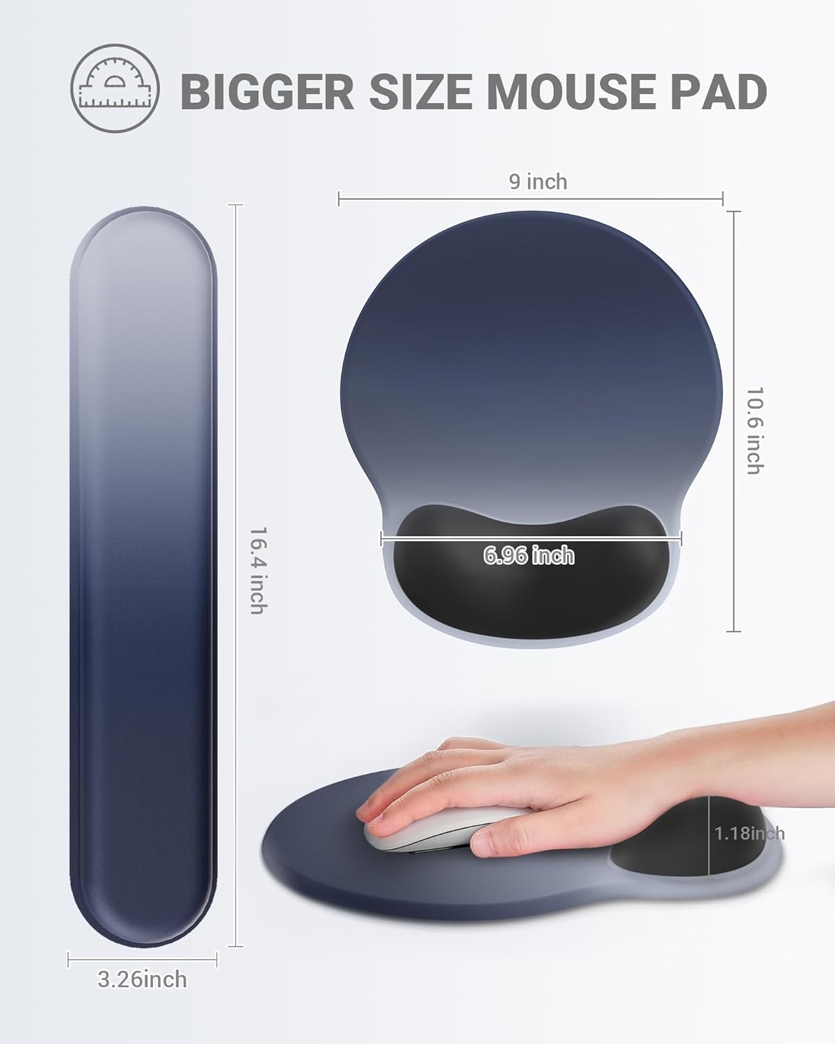 Ergonomic Mouse Pad Wrist Support Set, Memory Foam Keyboard Wrist Rest Set, Keyboard Pad, Non-Slip Base Mousepad（Gradient Blue Black Set）