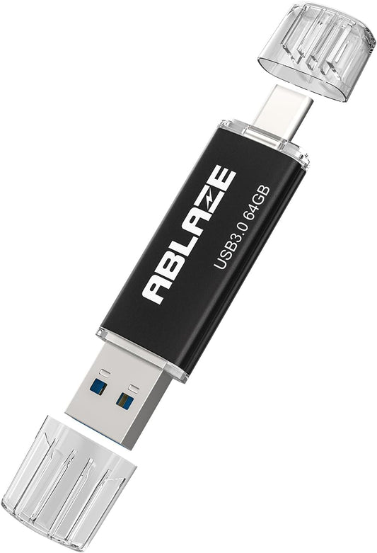 ABLAZE Type C Flash Drive 64GB, Dual USB 3.0+ USB C Flash Drive Compatible with iPhone 16/15,Android Smartphone,Computer,Tablet Mac Laptop