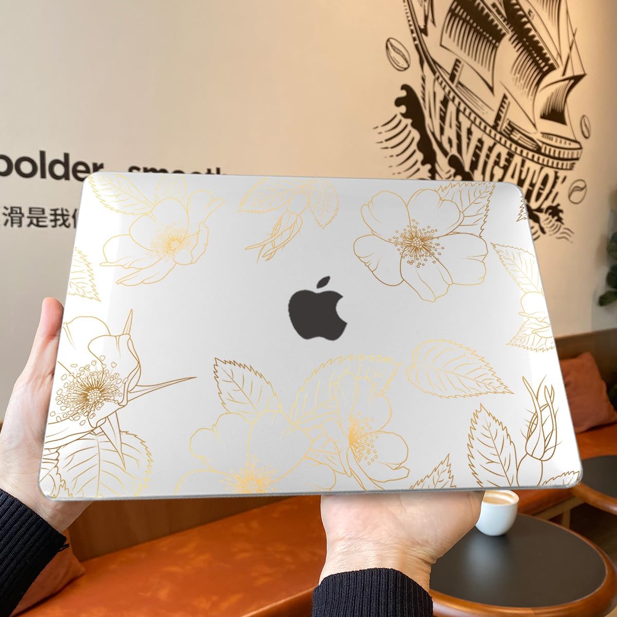 Teryeefi Case for 2021-2024 MacBook Pro 14 Inch M4 M3 M2 M1(Model A3112 A3401 A3185 A2992 A2918 A2779 A2441) with Keyboard Cover & Screen Protector & OTG Adapter, Golden Flower Leaf