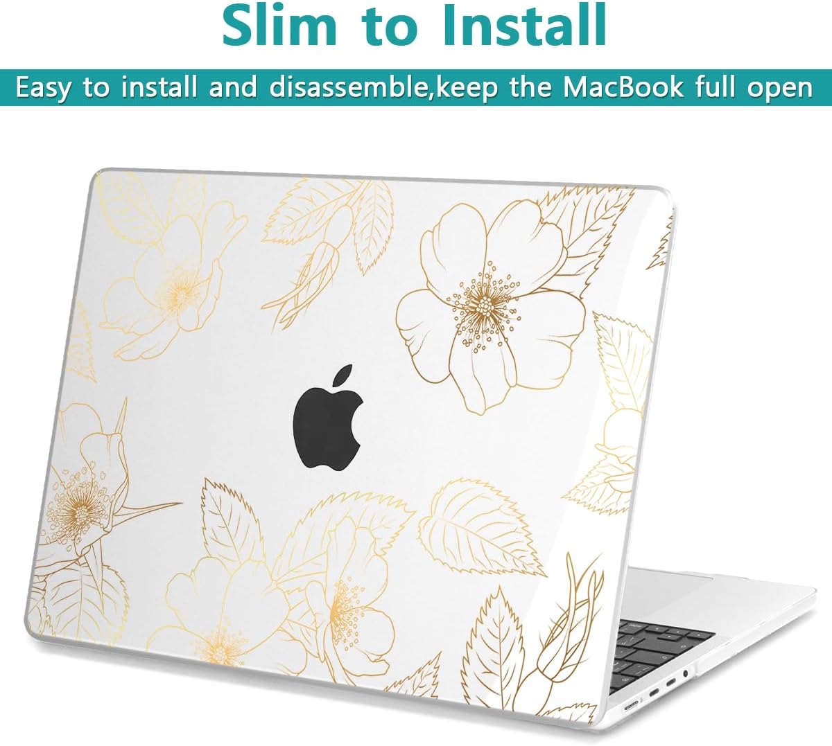 Teryeefi Case for 2021-2024 MacBook Pro 14 Inch M4 M3 M2 M1(Model A3112 A3401 A3185 A2992 A2918 A2779 A2441) with Keyboard Cover & Screen Protector & OTG Adapter, Golden Flower Leaf