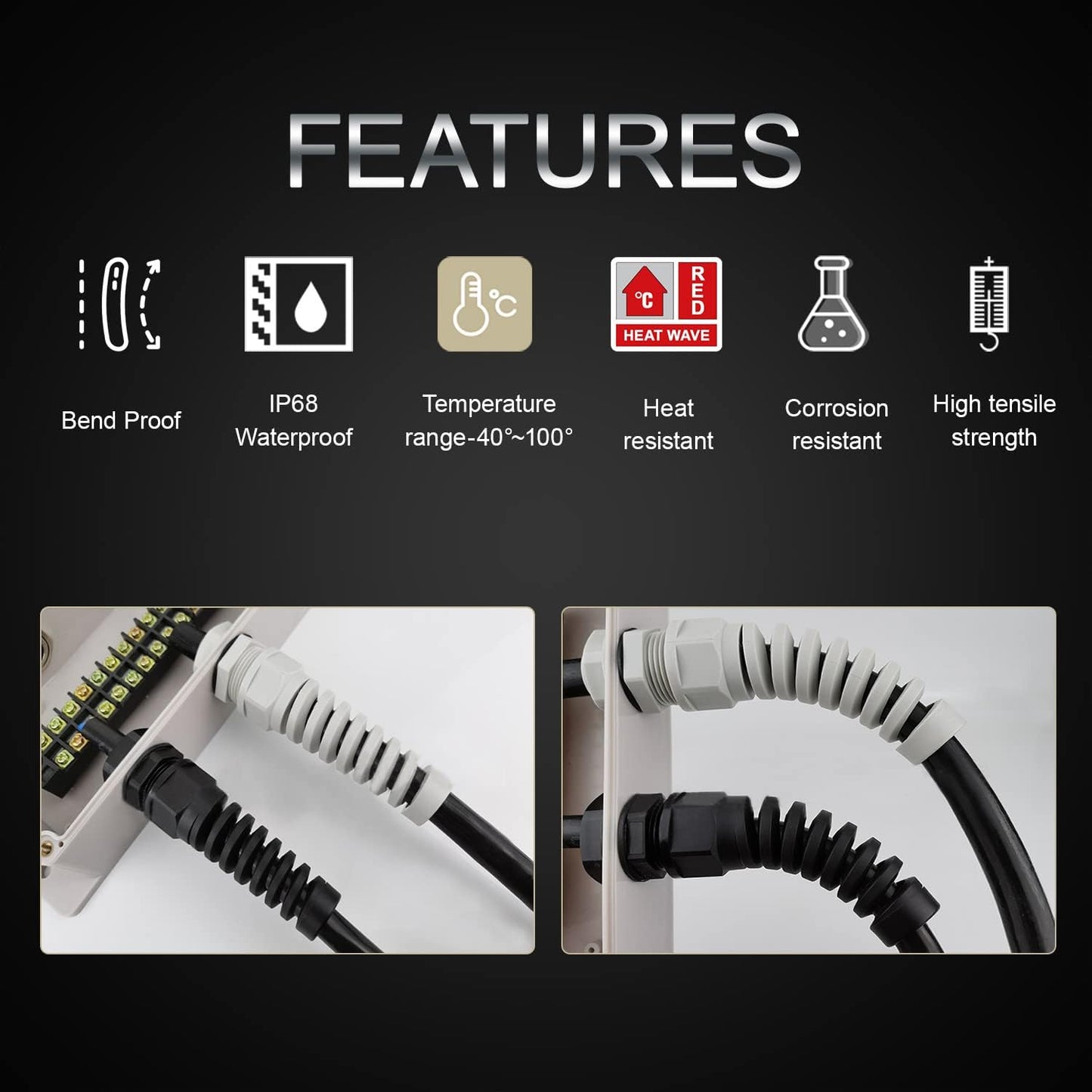 LeMotech 5Pcs NPT 1/2" IP68 Waterproof Cable Gland Flex Spiral Strain Relief Grey Nylon Joint with Gaskets for 6-12mm Wire Thread