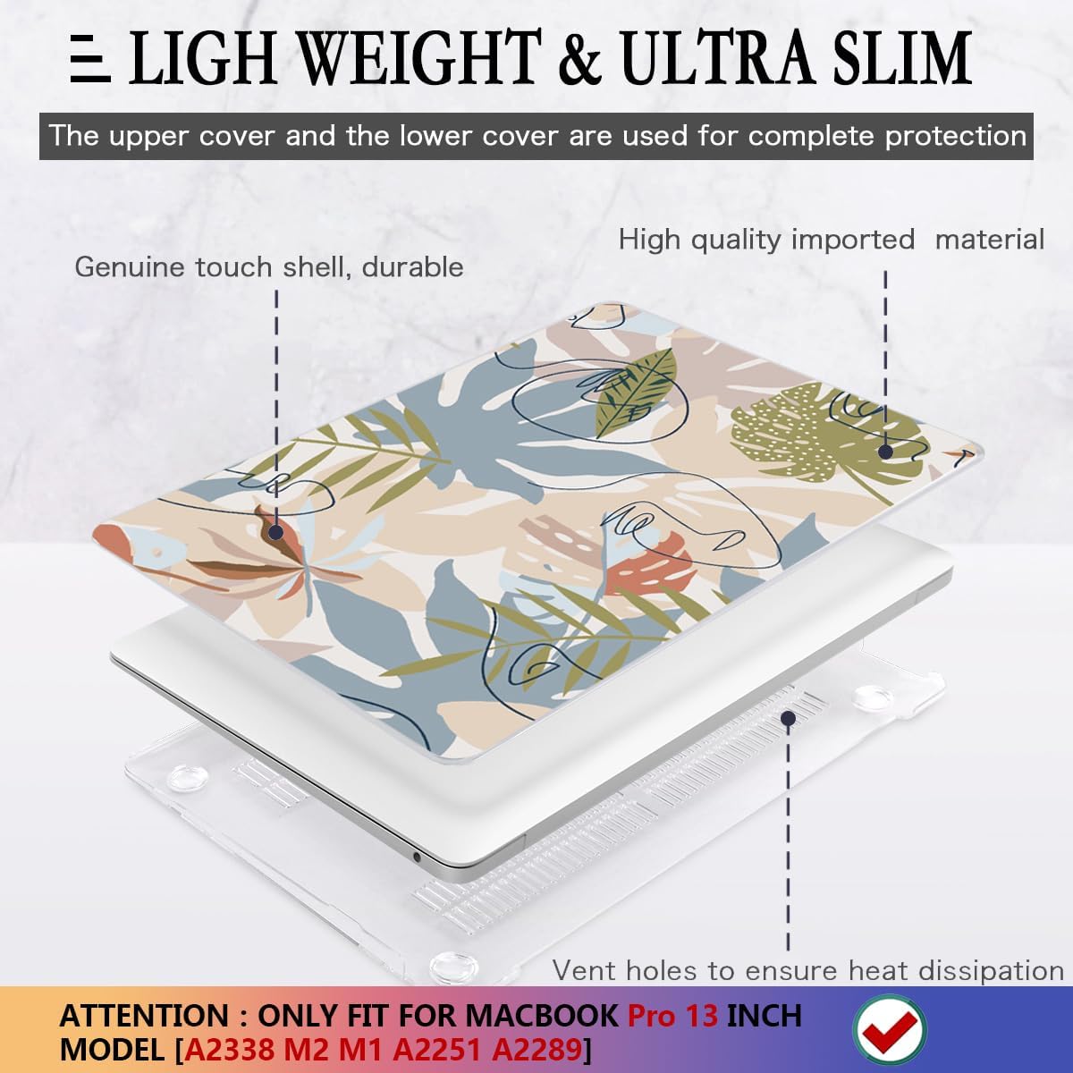 CISSOOK for MacBook Pro 13 inch Case 2023 2022 2021 2020 Release A2338 M2/M1 Chip A2251 A2289, Plastic Hard Shell Case with Keyboard Cover Compatible with MacBook Pro 13 with Touch Bar - Face&Leaf