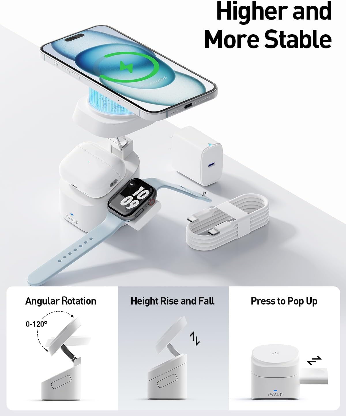 iWALK 3-in-1 Magnetic Wireless Charging Stand, 15W Foldable Charger Station for iPhone 16/15/14/13/12, Apple Watch & AirPods, Adjustable Dock with 20W USB-C Adapter