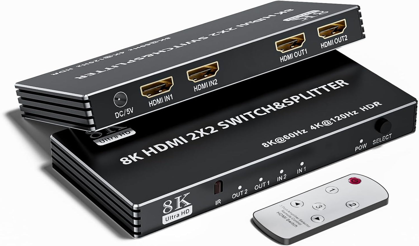 2x2 HDMI Switch Splitter, HDMI 2.1 Switcher 2 in 2 Out 8K@60Hz 4K@120Hz, w/IR Remote Control, Supports HDCP 2.3 HDR, HDR10, HDR 10+, 3D