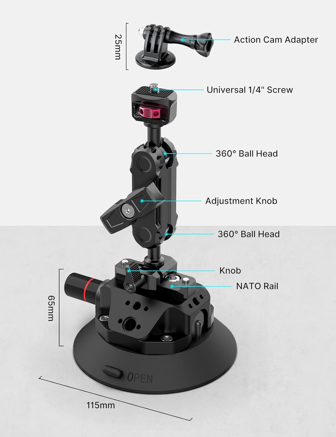 Camera Suction Cup Mount for Action Cameras - ULANZI SC-02 4.5in Pump-actived Vacuum Suction Mount w Quick Release NATO Magic Arm Car Boat Windshield Window Mount Compatible with Action Cameras