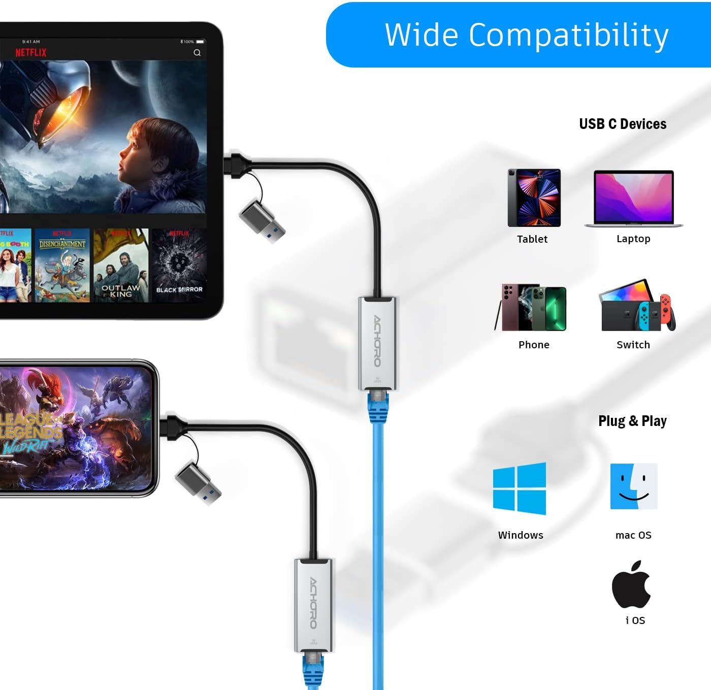 AChoro LAN to USB Adapter - USB A & C to Ethernet Port - Aluminium Alloy RJ45 Ports for PC, Mac